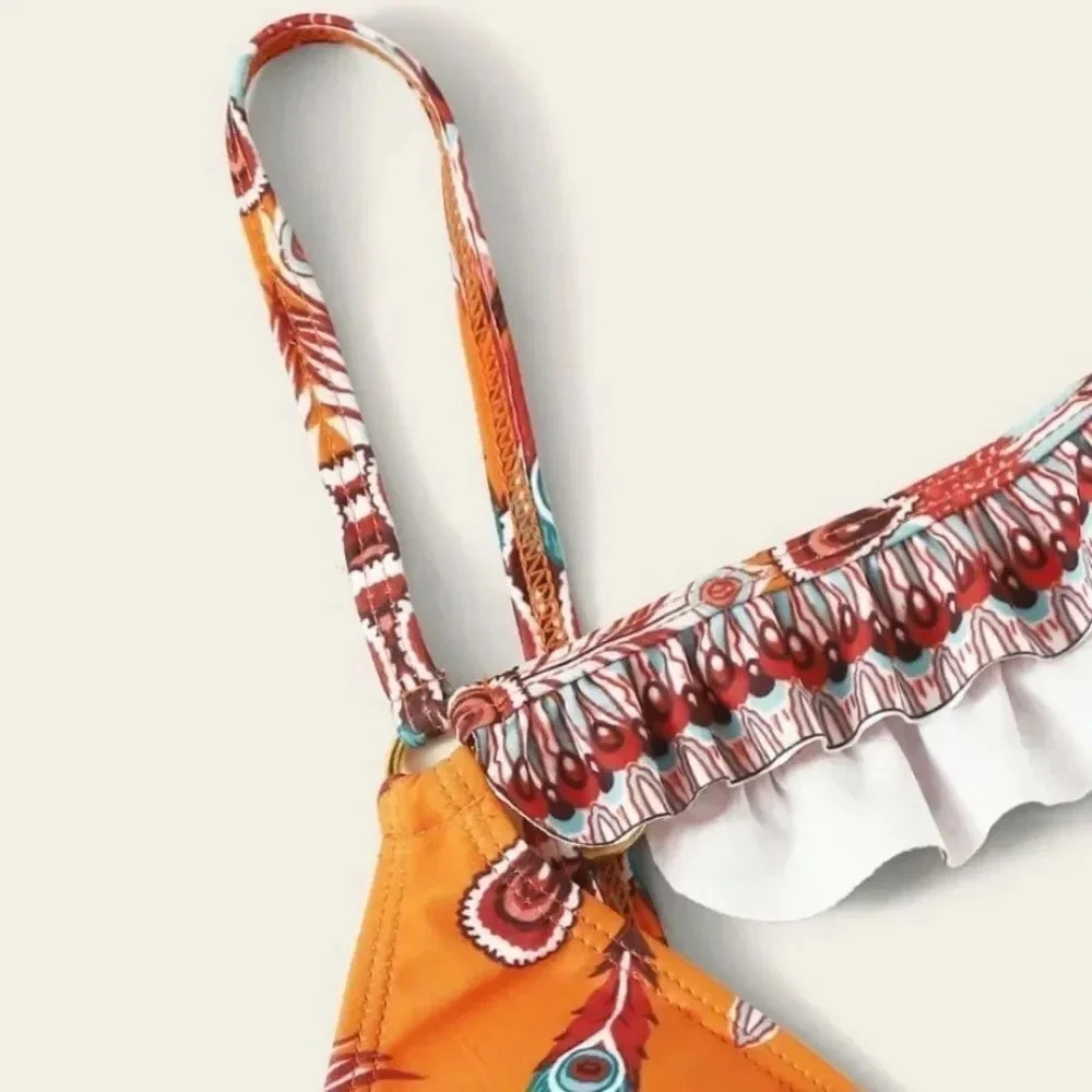 NEW! Boho Ruffled Feather Print Ruffle Triangle Bikini - Picture 7 of 10